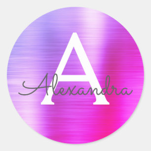 Sticker Rond Monogramme métallique violet et rose
