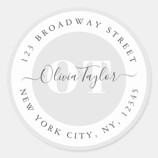 Sticker Rond Monogramme minimal Script moderne Gris Adresse de  (Devant)