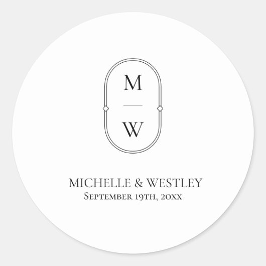 Sticker Rond Monogramme minimaliste Mariage noir et blanc (Devant)