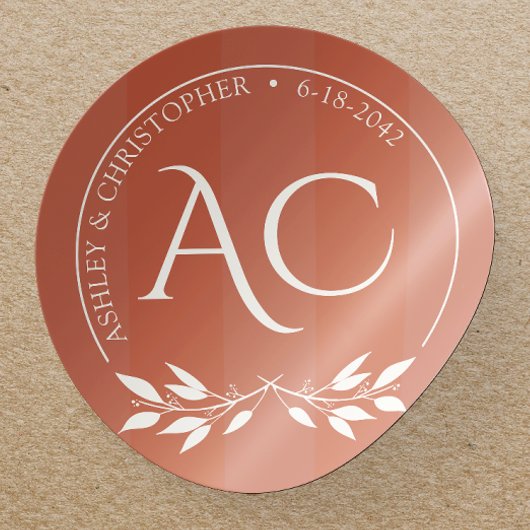 Sticker Rond Monogramme minimaliste Mariage rouge en cuivre ray