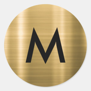 Sticker Rond Monogramme minimaliste or métallisé noir élégant