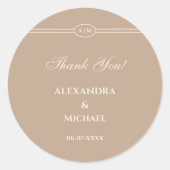 Sticker Rond Monogramme moderne crème Taupe Mariage Merci (Devant)