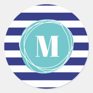 Sticker Rond Monogramme Moderne De Bleu Et D'Aqua