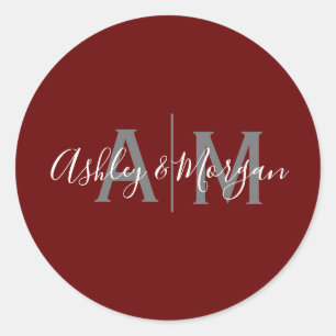 Sticker Rond Monogramme moderne de Grey and Red Couple