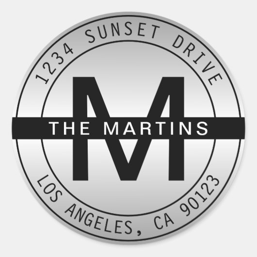 Sticker Rond Monogramme moderne et adresse circulaire | Gris dé (Devant)