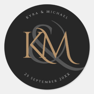 Sticker Rond Monogramme moderne Gold Script Noir élégant mariag