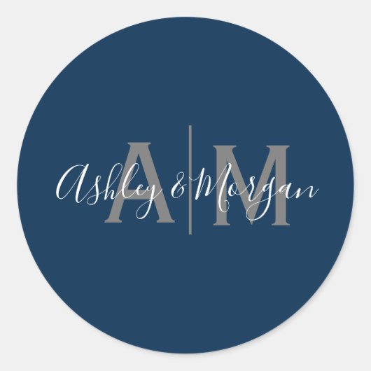 Sticker Rond Monogramme moderne gris et bleu de couple (Devant)