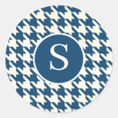 Sticker Rond Monogramme moderne Houndstooth bleu et blanc (Devant)