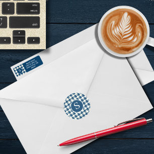 Sticker Rond Monogramme moderne Houndstooth bleu et blanc