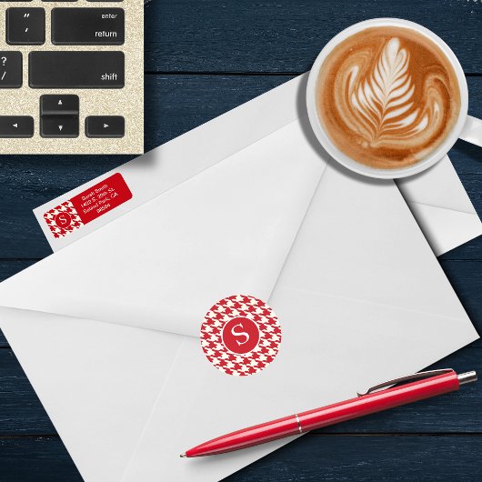 Sticker Rond Monogramme moderne Houndstooth Cherry Rouge & Blan