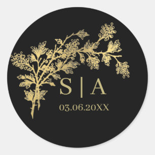 Sticker Rond Monogramme Moderne Luxueux Botanique en Or Personn
