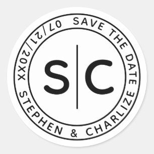 Sticker Rond Monogramme Moderne Mariage Rond Enregistrer La Dat