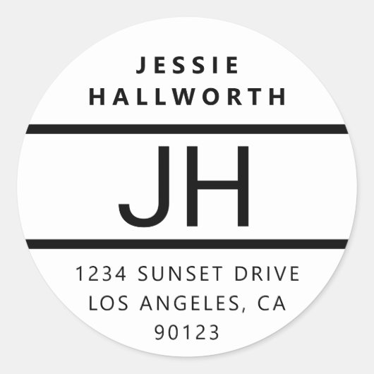 Sticker Rond Monogramme moderne noir et blanc (Devant)