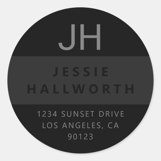 Sticker Rond Monogramme moderne noir et gris (Devant)