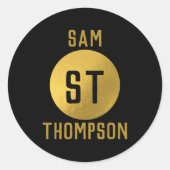 Sticker Rond Monogramme moderne noir & or élégant personnalisé (Devant)