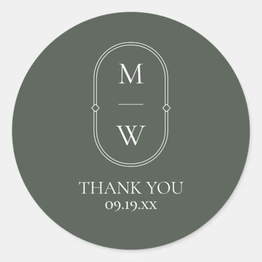 Sticker Rond Monogramme Moss Mariage vert minimaliste Merci (Devant)