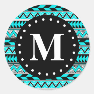 Sticker Rond Monogramme Motif Aqua Blue Tribal Chevron