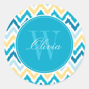 Sticker Rond Monogramme Motif bleu Jaune Zigzag Ikat