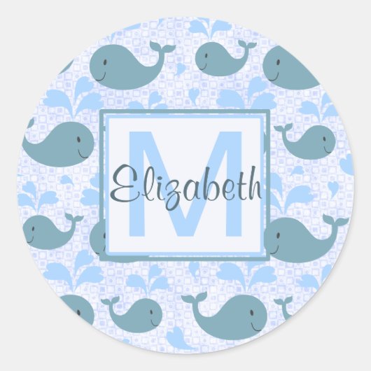 Sticker Rond Monogramme Motif de baleines bleues mignonnes (Devant)