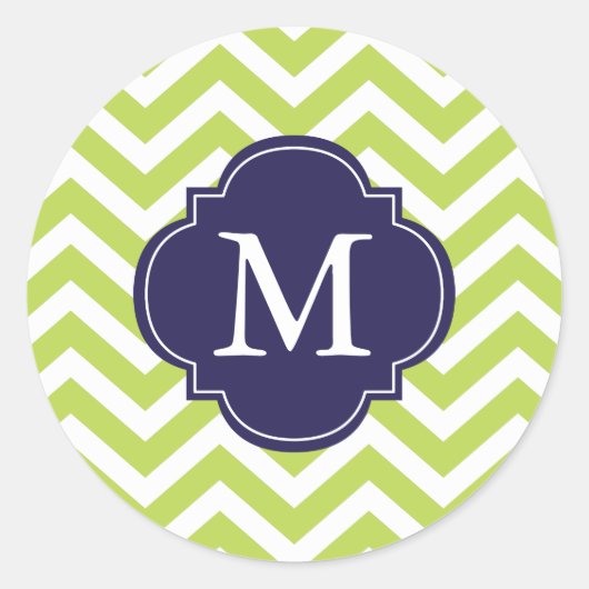 Sticker Rond Monogramme Motif de Zigzags Vert et Bleu (Devant)