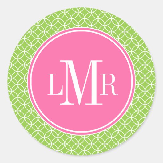 Sticker Rond Monogramme Motif des cercles vert et rose (Devant)