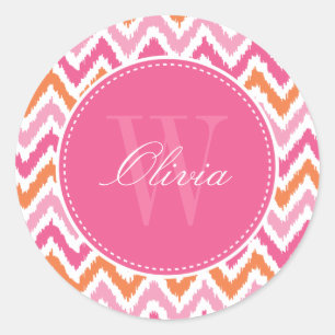 Sticker Rond Monogramme Motif Orange Rose Zigzag Ikat
