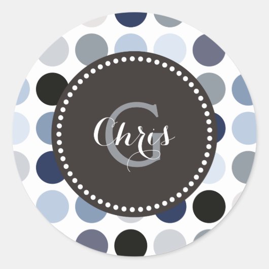 Sticker Rond monogramme motif pois bleu moderne (Devant)