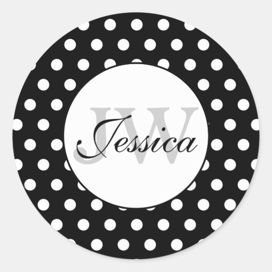 Sticker Rond Monogramme motif pois noir et blanc tendance (Devant)