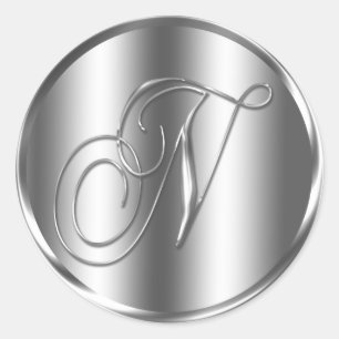 Sticker Rond Monogramme N Faire-part de mariage couleur argent