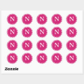 Sticker Rond Monogramme N Fuchsia Blanc Personnalisé Mariage Mo (Feuille)