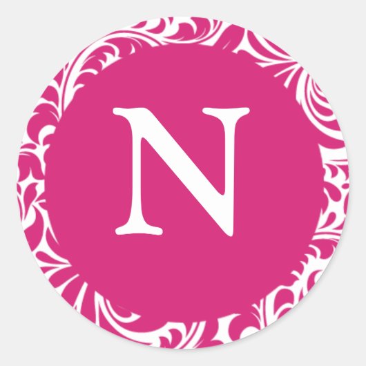 Sticker Rond Monogramme N Fuchsia Blanc Personnalisé Mariage Mo (Devant)