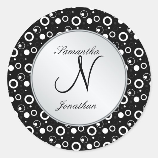 Sticker Rond Monogramme "N" noir blanc bulles cercles Mariage (Devant)