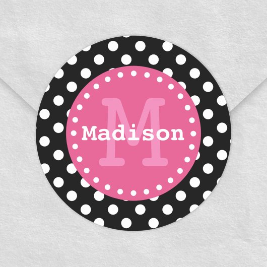 Sticker Rond Monogramme noir blanc Pois rose