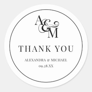 Sticker Rond Monogramme Noir Blanc Simple Élégant Merci