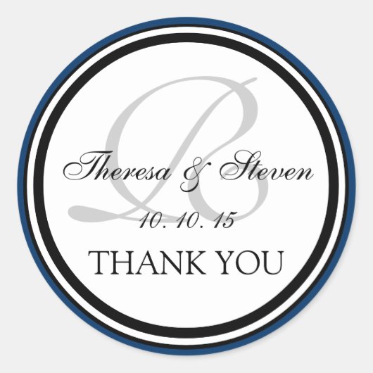 Sticker Rond Monogramme noir bleu marine R Merci Mariage (Devant)