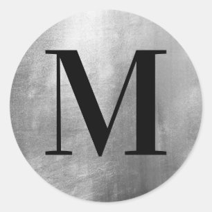 Sticker Rond Monogramme Noir Classique sur Faux Feuille d'Argen