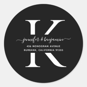 Sticker Rond Monogramme noir et blanc Adresse de retour