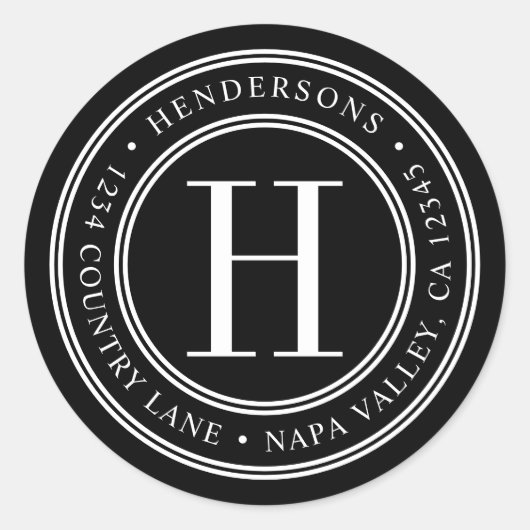 Sticker Rond Monogramme noir et blanc Élégant Adresse de retour (Devant)