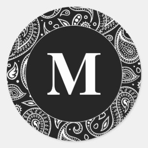 Sticker Rond Monogramme noir et blanc Motif floral Paisley