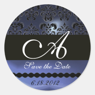 STICKER ROND MONOGRAMME NOIR ET BLEU TOPAZ DAMASK,