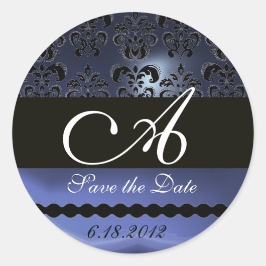 STICKER ROND MONOGRAMME NOIR ET BLEU TOPAZ DAMASK, (Devant)