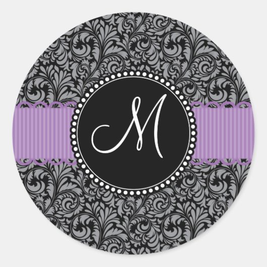Sticker Rond Monogramme Noir Floral initial Damas Violet Ribbon (Devant)