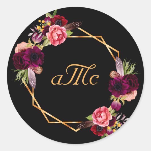 Sticker Rond monogramme noir floral mariage bordeaux initiales (Devant)