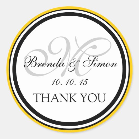 Sticker Rond Monogramme noir jaune M Merci Mariage (Devant)