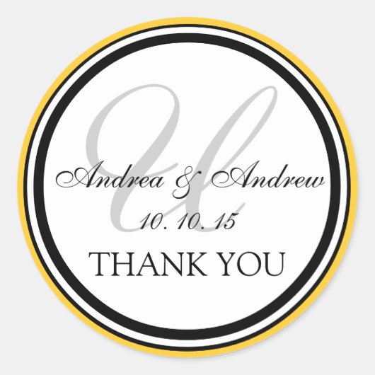 Sticker Rond Monogramme noir jaune U Merci Mariage (Devant)