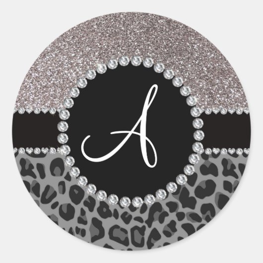 Sticker Rond Monogramme noir léopard argent parties scintillant (Devant)