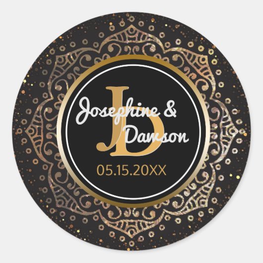 Sticker Rond Monogramme noir | Mandala Wedding Favor (Devant)