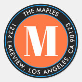 Sticker Rond Monogramme noir orange bleu en gras Adresse de ret (Devant)