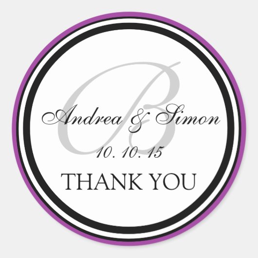Sticker Rond Monogramme noir violet B Merci Mariage (Devant)