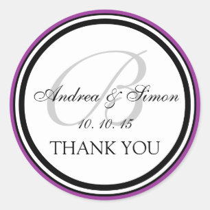 Sticker Rond Monogramme noir violet B Merci Mariage